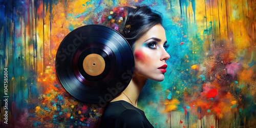 Woman with a Vintage Vinyl Record Against a Colorful Abstract Background, abstract art, colorful background photo