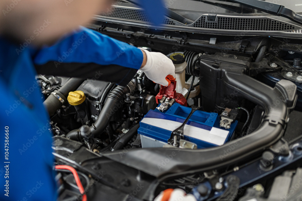 Obraz premium A mechanic is working on the battery of a car in a garage