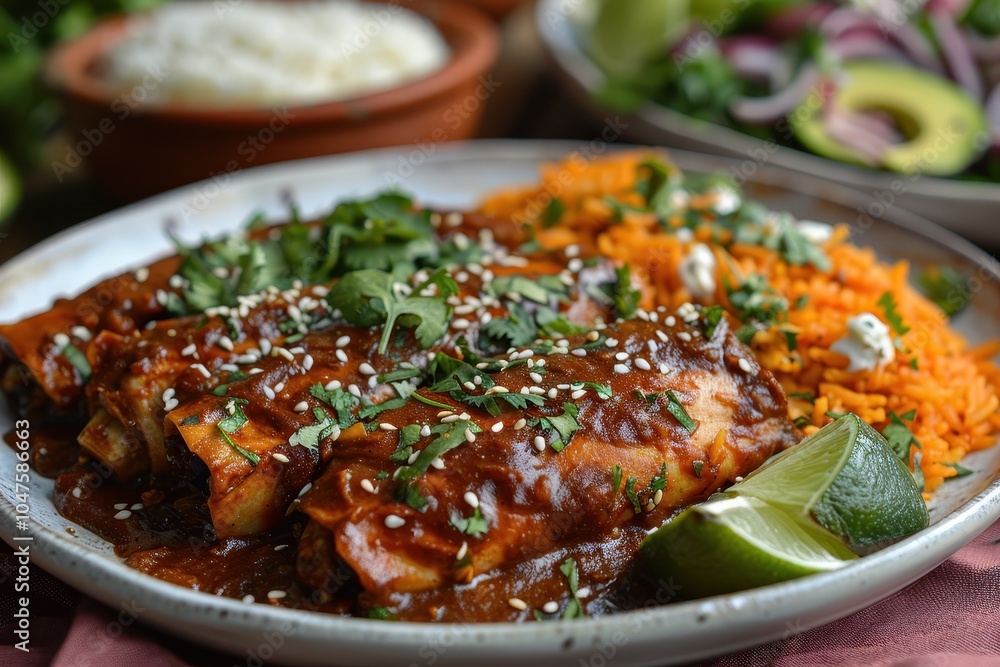 A plate of mole poblano, with succulent chicken pieces smothered in a rich, dark mole sauce, garnished with sesame seeds and served with Mexican rice. A plate of mole poblano, with succulent chicken pieces smothered in a rich, dark mole sauce, garnished with sesame seeds and served with Mexican rice.