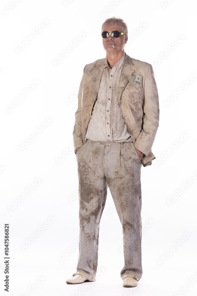 dirty man businessman in dirty white suit on white background dirty man businessman in dirty white suit on white background