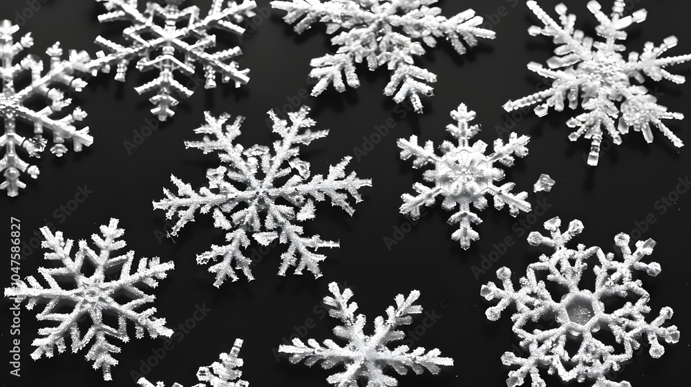 Closeup photo of a snowflake isolated on black background, ice crystals formed to flakes Closeup photo of a snowflake isolated on black background, ice crystals formed to flakes