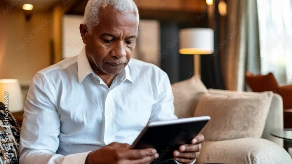 A man reading on a tablet while sitting comfortably in a modern lounge during the daytime A man reading on a tablet while sitting comfortably in a modern lounge during the daytime