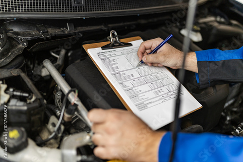 Photography Mechanic conducting a vehicle inspection with a clipboard in a workshop environm