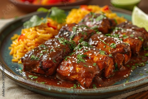 A plate of mole poblano, with succulent chicken pieces smothered in a rich, dark mole sauce, garnished with sesame seeds and served with Mexican rice.