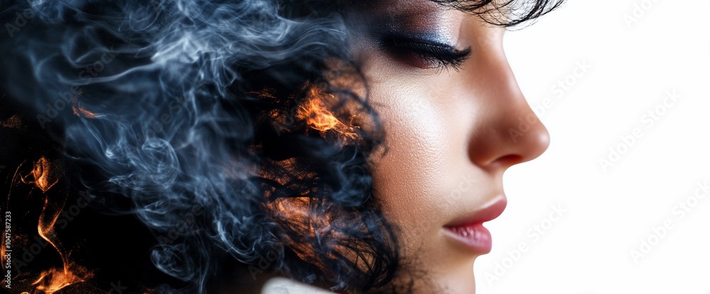 Fototapeta premium A woman's face is covered in smoke and fire, creating a dramatic and abstract image.