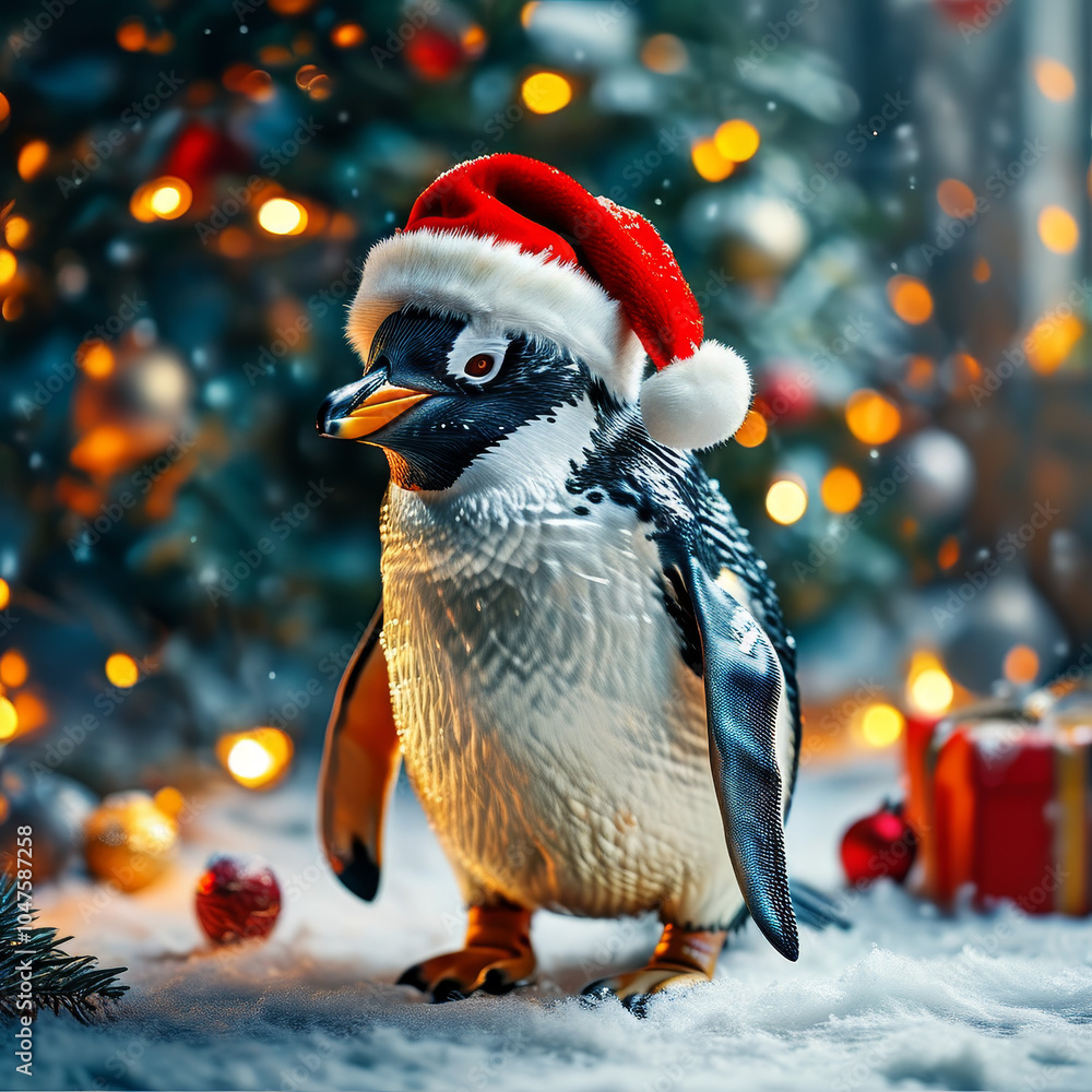 Realistic Christmas penguin wearing a Santas Hat, magical winter decoration, cute Xmas animal, snow, Christmas ornaments, festive holiday, animal, cozy snow-covered scene, holiday animal decor Realistic Christmas penguin wearing a Santas Hat, magical winter decoration, cute Xmas animal, snow, Christmas ornaments, festive holiday, animal, cozy snow-covered scene, holiday animal decor