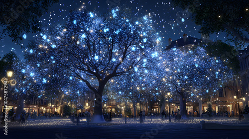 Magical Christmas Evening with Glowing Fiber Optic Trees in a Charming Town Square