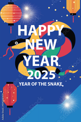 Happy New Year 2025 poster to celebrate Chinese New Year, Year of the Snake, combining traditional Chinese elements with contemporary design, lanterns, blue background, vector illustration.