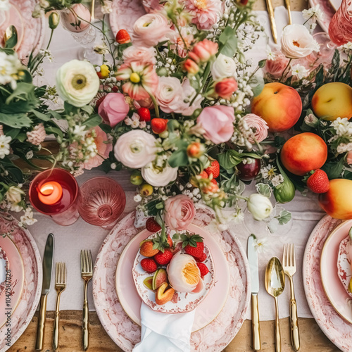 Country tablescape, formal dinner table setting, table scape with strawberry decoration for wedding party and holiday event celebration, post-processed, generative ai