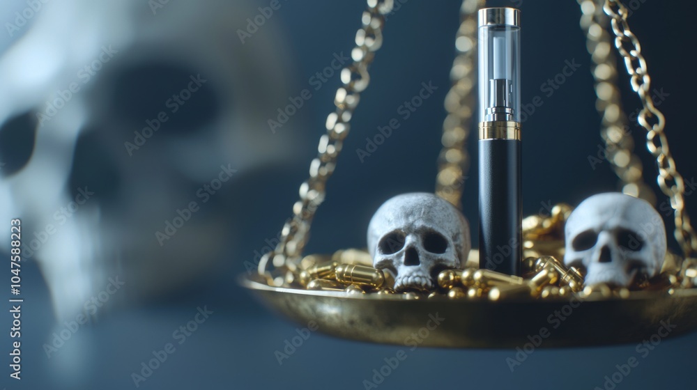 E-cigarette on Medical Scale with Health Warning Icons, Warning of Vaping Risks. E-cigarette on Medical Scale with Health Warning Icons, Warning of Vaping Risks.