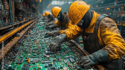 Dedicated Workers Engaged in Sorting Electronic Materials at an E-Waste Recycling Facility for Sustainable Practices photo