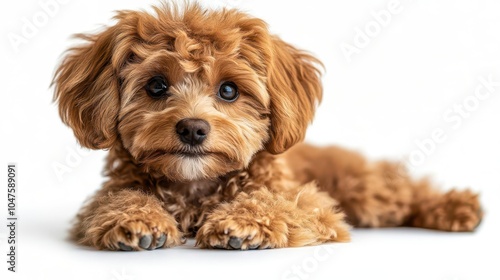 adorable toy poodle sitting cheerfully and giving paw against a pristine white background, showcasing its playful nature and joy, perfect for animal lovers and pet care themes