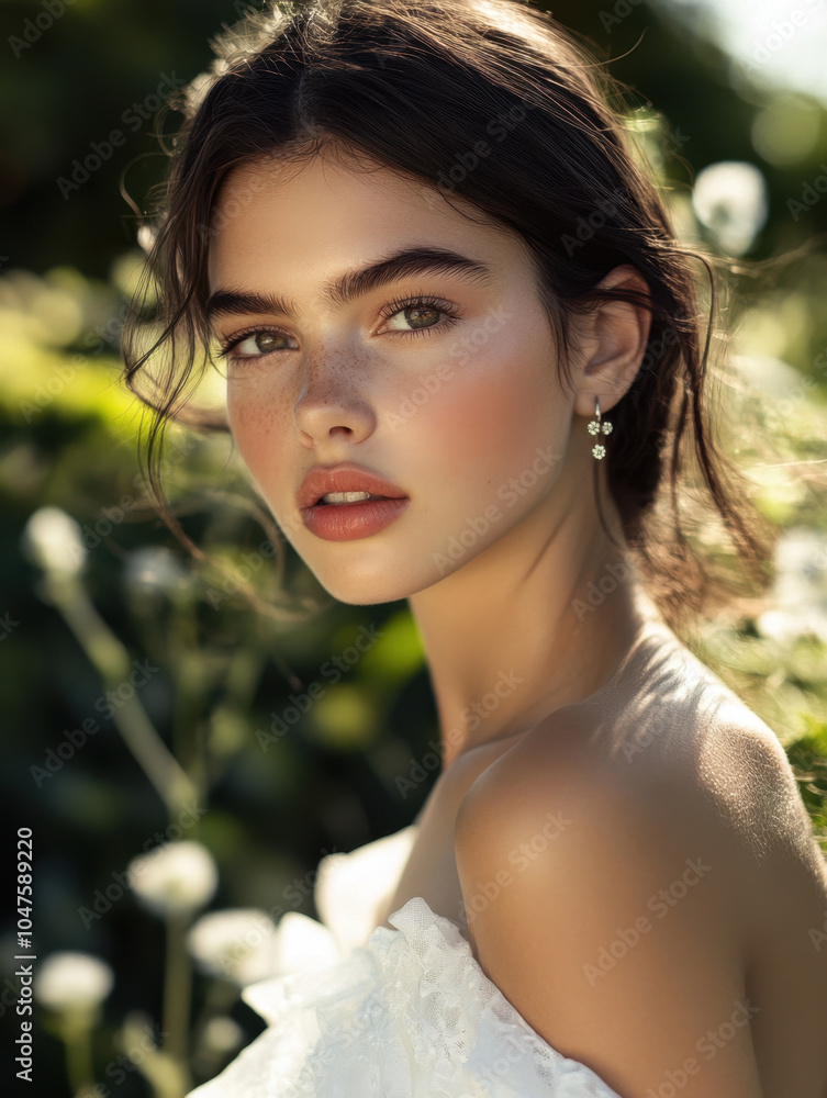 close up of beautiful girl with dark hair, wearing delicate earrings, surrounded by soft greenery. Her radiant skin and expressive features convey sense of elegance and charm close up of beautiful girl with dark hair, wearing delicate earrings, surrounded by soft greenery. Her radiant skin and expressive features convey sense of elegance and charm