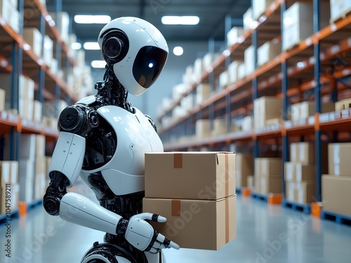 Artificial intelligent white robot replaced human worker in a modern warehouse, moving boxes arround photo