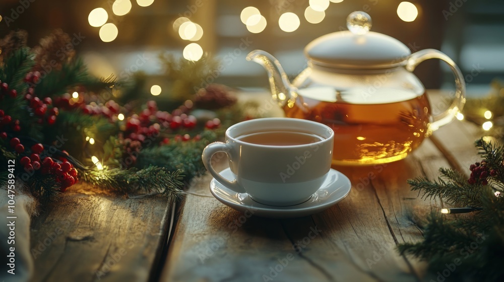 custom made wallpaper toronto digitalA warm cup of tea sits on a white saucer on a rustic wooden table. A clear glass teapot with a white lid is filled with tea and sits next to the cup.