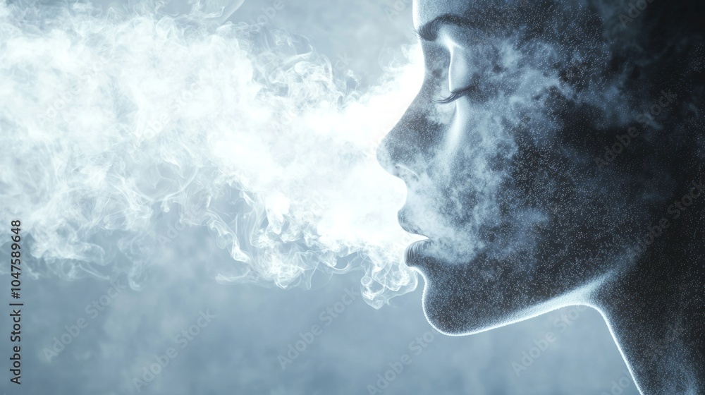 Ethereal Portrait of Exhaling Person with Medical Symbols - Moody Concept on Lung Health Ethereal Portrait of Exhaling Person with Medical Symbols - Moody Concept on Lung Health