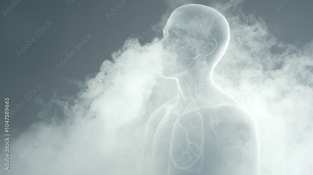Respiratory Health Awareness - Moody Portrait of Person Exhaling Vapor with Medical Symbols and Damaged Lungs in Misty Surroundings Respiratory Health Awareness - Moody Portrait of Person Exhaling Vapor with Medical Symbols and Damaged Lungs in Misty Surroundings