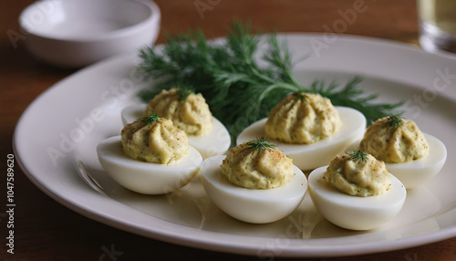 deviled eggs with dill on top