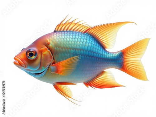 A colorful fish with orange and blue scales swims against a bright white background 