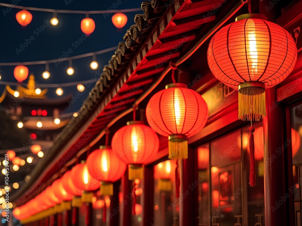 A row of light up chinese red lantern hanging on a traditional chinese house roof, ready for chinese new year celebration A row of light up chinese red lantern hanging on a traditional chinese house roof, ready for chinese new year celebration