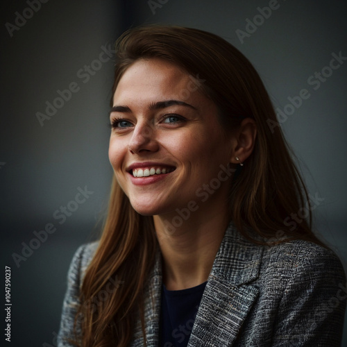 Portrait of beautiful natural brunette woman, smiling and looking in camera with white teeth. Close-up portrait of cute female girl in black t-shirt isolated on white background.