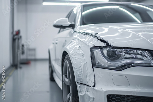 Close up of damaged white car showcasing dented fender and sleek design, highlighting contrast between its pristine color and visible wear photo