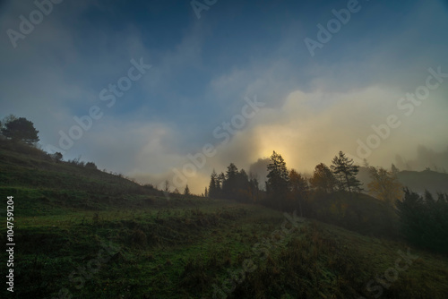 Nice autumn meadows and forests hill mountain cottage in Biala Woda village photo