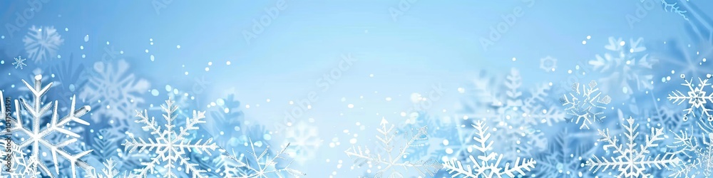 Snowflakes drift down against a serene blue backdrop Snowflakes drift down against a serene blue backdrop