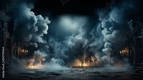 Dramatic, smoky stage in dark blue, ideal for atmospheric backdrops in presentations or promotional scenes. photo