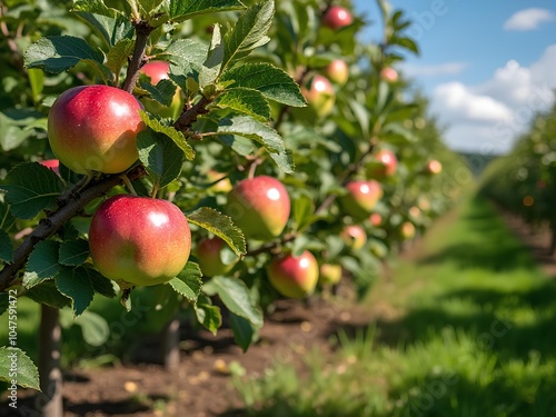 Apple farm in a bright sunny day during the sping season photo