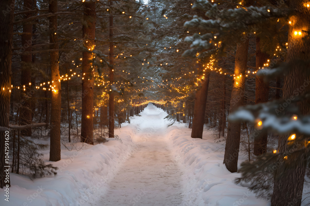 Snow covered path is illuminated by string lights hung between the trees of a snowy forest at twilight Snow covered path is illuminated by string lights hung between the trees of a snowy forest at twilight