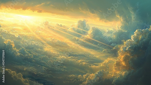 A serene sky scene with soft clouds illuminated by golden sunlight, creating a tranquil atmosphere of beauty and peace.