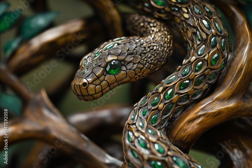 Golden snake ornament embellished with green gems coiled around a tree branch, showcasing intricate craftsmanship and luxurious details photo