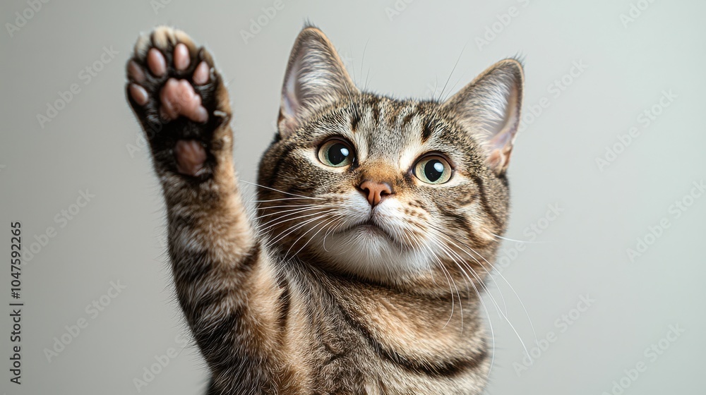 A playful tabby cat raises its paw against a neutral background in a lively indoor setting, embracing its curious nature A playful tabby cat raises its paw against a neutral background in a lively indoor setting, embracing its curious nature