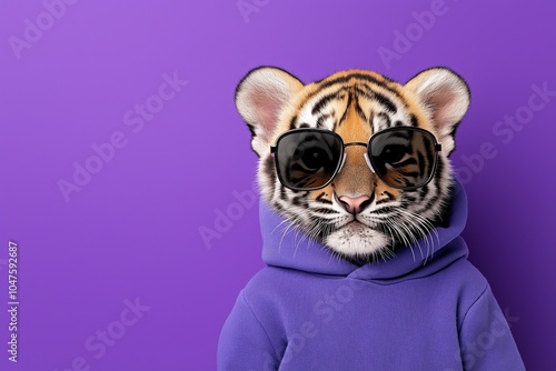 Punk tiger cub in a hoodie and sunglasses against a bright purple background photo