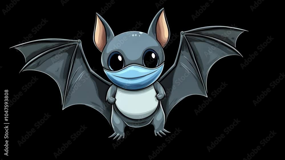 A cartoon bat wearing a blue face mask is flying in the air with its wings spread wide A cartoon bat wearing a blue face mask is flying in the air with its wings spread wide