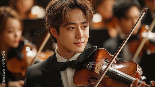 A young violinist performs beautifully during an orchestral concert in a grand hall, captivating the audience with his skillful melodies