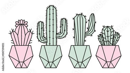 Cute Cactus Vector Illustration Set In Geometric Pots