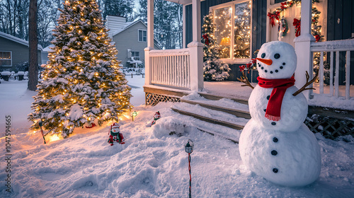 Um jardim da frente coberto de neve com uma árvore de Natal decorada na varanda, luzes
cintilantes e um boneco de neve recém-construído com um cachecol vermelho photo