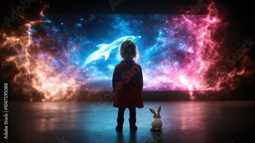 A child stands in awe before an ocean-themed projection, accompanied by a rabbit, evoking themes of mystery, fantasy, and the beauty of nature. photo