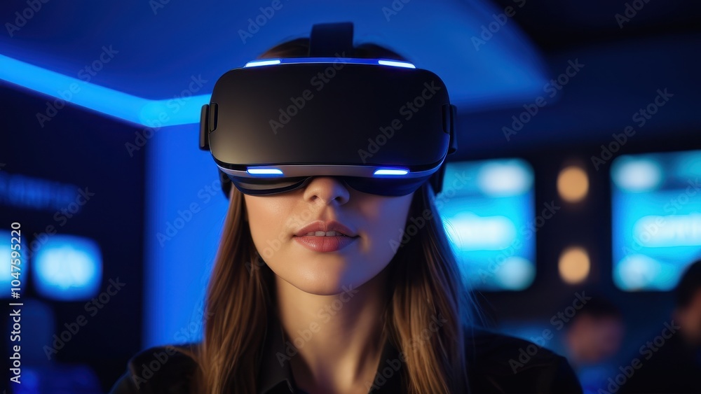 Friends gather at a game cafe, enjoying immersive adventures with VR headsets. The glowing blue ambiance adds excitement to the virtual experience. Friends gather at a game cafe, enjoying immersive adventures with VR headsets. The glowing blue ambiance adds excitement to the virtual experience.