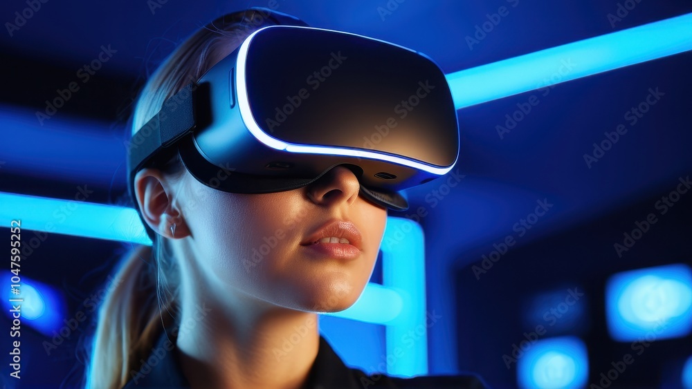 Friends gather at a game cafe, enjoying immersive adventures with VR headsets. The glowing blue ambiance adds excitement to the virtual experience. Friends gather at a game cafe, enjoying immersive adventures with VR headsets. The glowing blue ambiance adds excitement to the virtual experience.