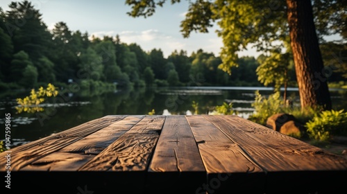 Wooden tabletop with lake and forest background blur, perfect for nature-themed displays.