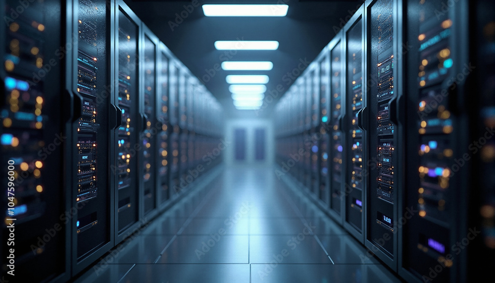 Rows of servers in a data center, bathed in blue and purple lights. The image exudes a sleek, tech-focused environment. Rows of servers in a data center, bathed in blue and purple lights. The image exudes a sleek, tech-focused environment.