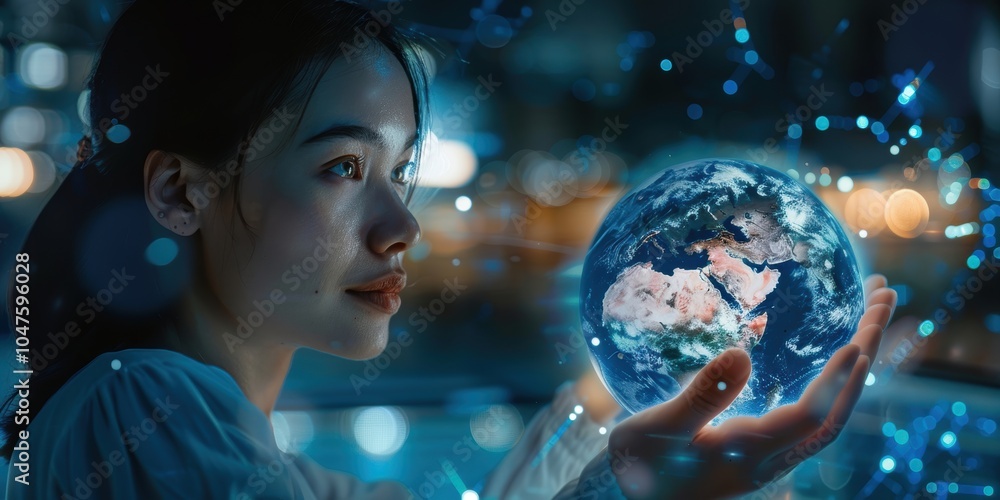 Naklejka premium Businesswoman with virtual reality and globe, showcasing a positive holographic overlay for technology and future global networking