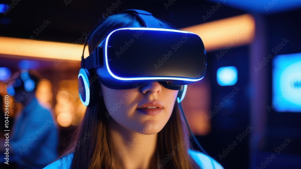 Friends gather at a game cafe, enjoying immersive adventures with VR headsets. The glowing blue ambiance adds excitement to the virtual experience. Friends gather at a game cafe, enjoying immersive adventures with VR headsets. The glowing blue ambiance adds excitement to the virtual experience.