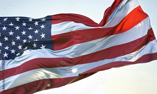 american flag on blue background, American Flag Gently Blowing in the Wind - Captured in High-Speed Slow Motion
