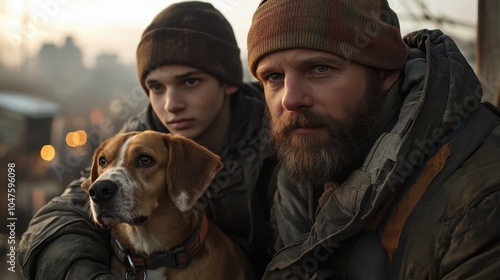 A bearded man and a young boy wearing winter clothes share a moment with their dog in a dramatic setting, culminating a sense of warmth amidst adversity. photo