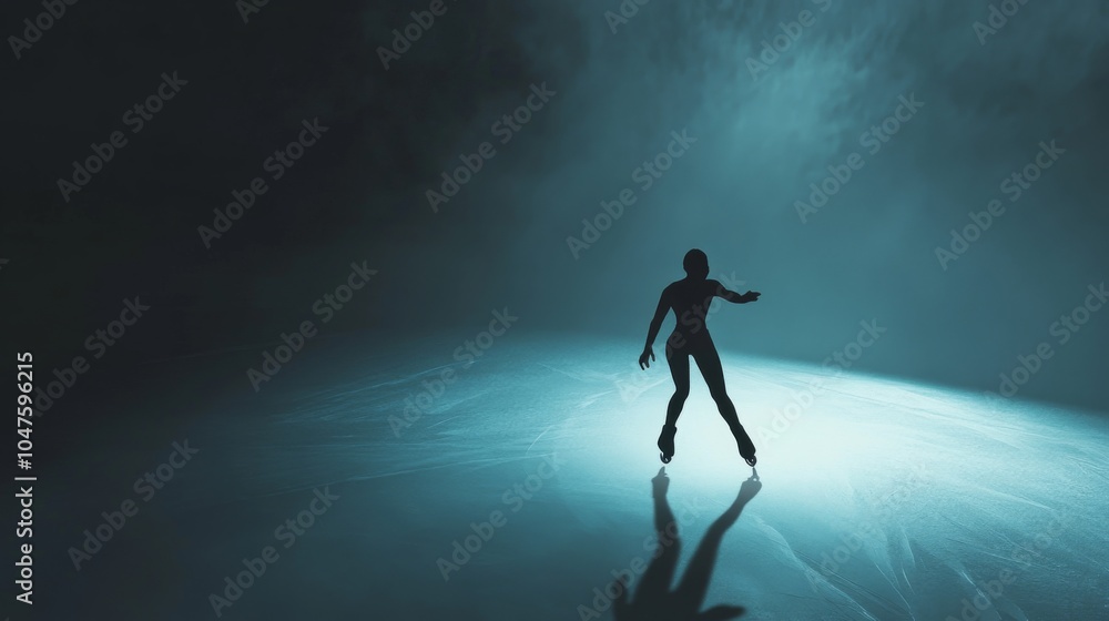 Silhouette of a figure ice skating on a frozen lake under a dramatic, moody sky. Silhouette of a figure ice skating on a frozen lake under a dramatic, moody sky.