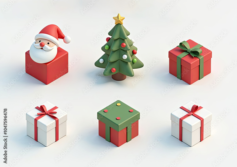 Festive christmas decor with santa, tree, and wrapped gifts in a minimalist isometric style Festive christmas decor with santa, tree, and wrapped gifts in a minimalist isometric style